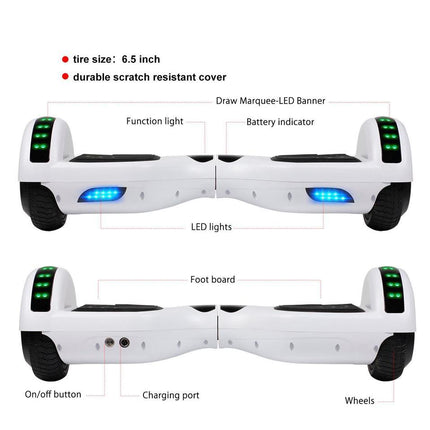 Hoverboard Electric Scooter 6.5 inch – White + LED lights [Free Carry Bag & Bluetooth]